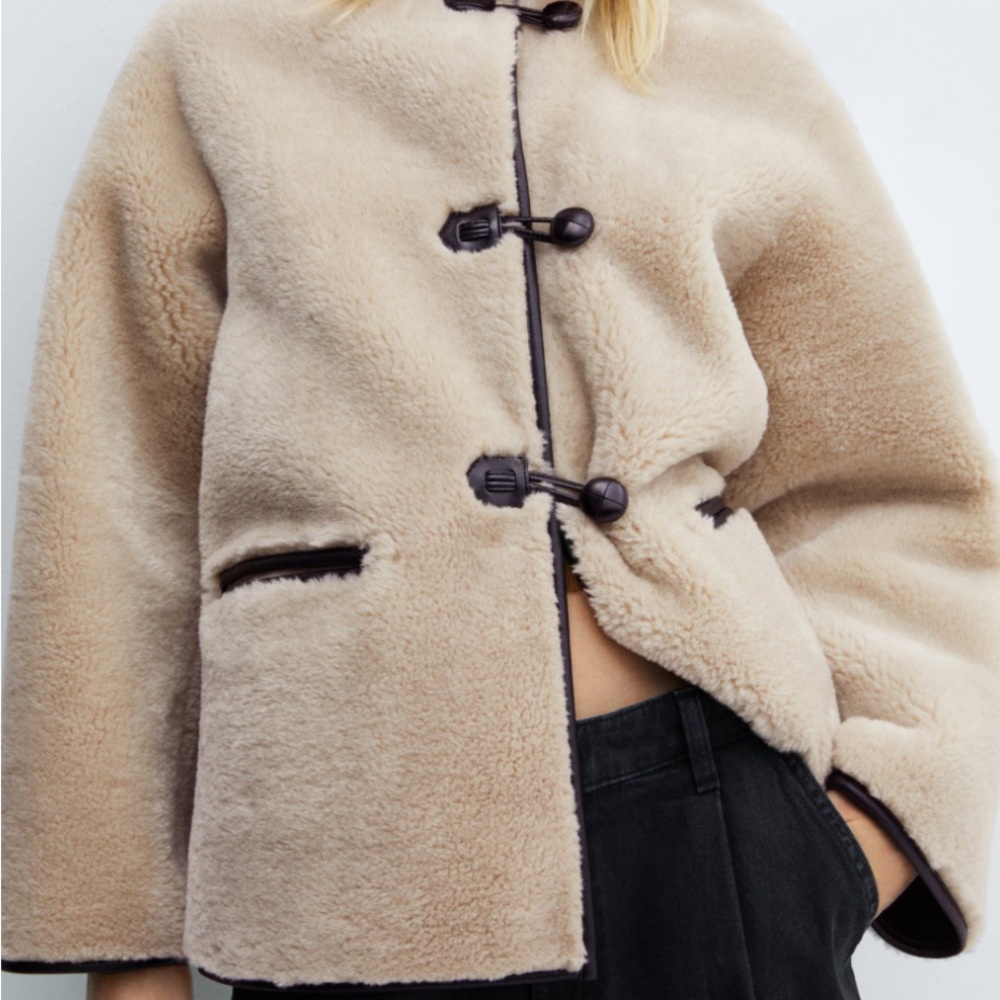 Mango Tan Teddy Jacket with Black Accents